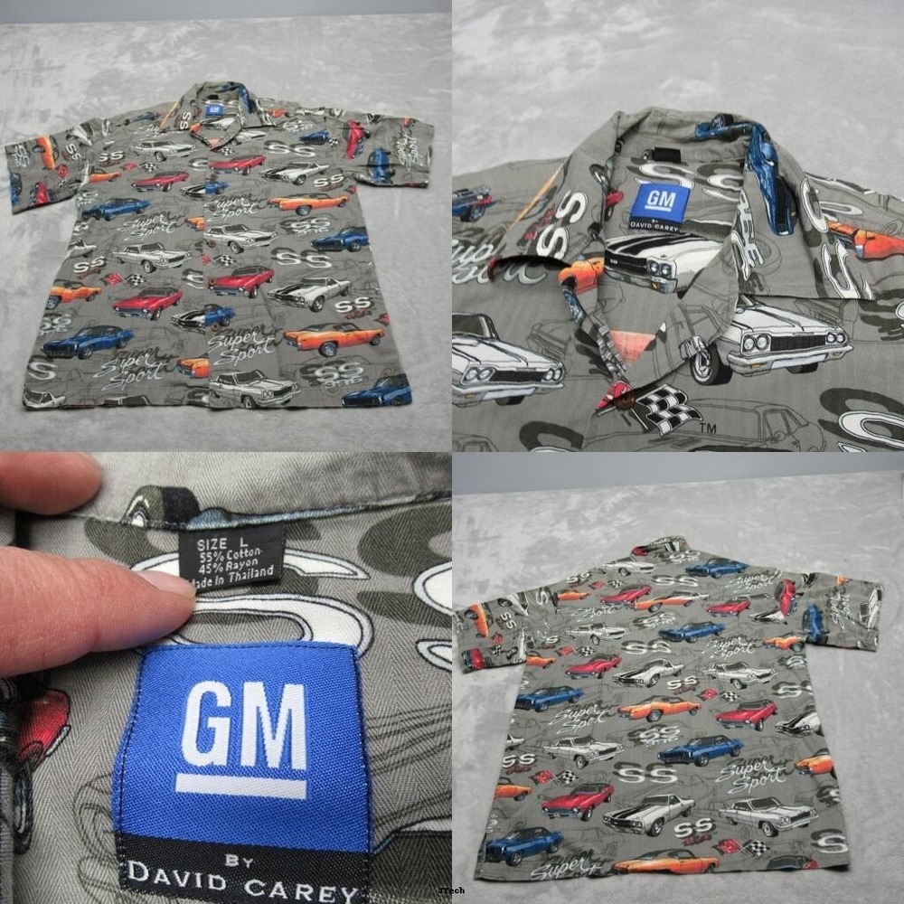 Vintage GM David Carey Shirt Mens Large Gray Super Sport Car AOP Button Up